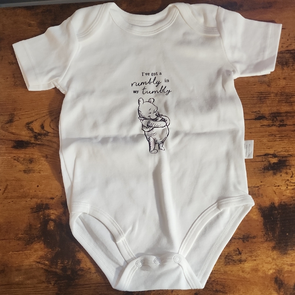 FP White Baby Onesie with Winnie The Pooh Bear Print And Saying Size 9-12 Months